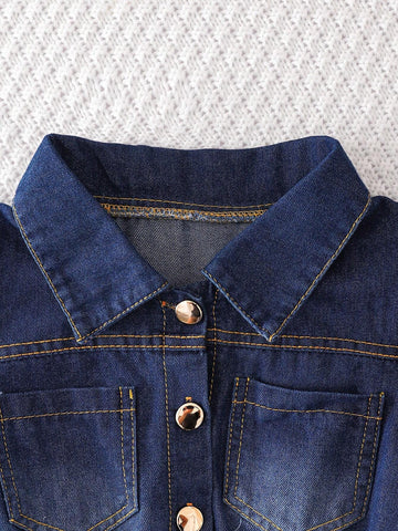 Kids Young Girls' Fashion Denim Patchwork Printed Pleated Hem Vacation Faux Layered Dress