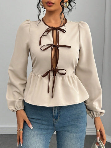 Casual Front Tie Design Long Sleeve Blouse