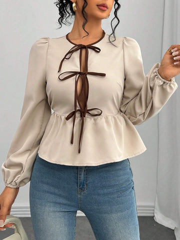 Casual Front Tie Design Long Sleeve Blouse