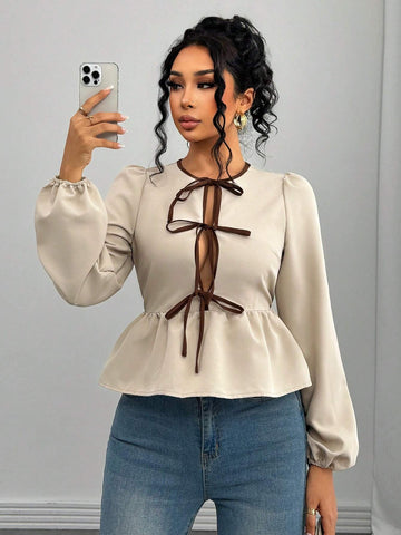 Casual Front Tie Design Long Sleeve Blouse