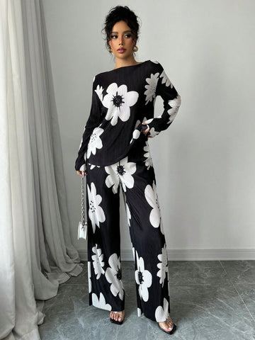 2pcs/Set Women Casual Floral Print Long Sleeve Top And Pants Suit, Autumn