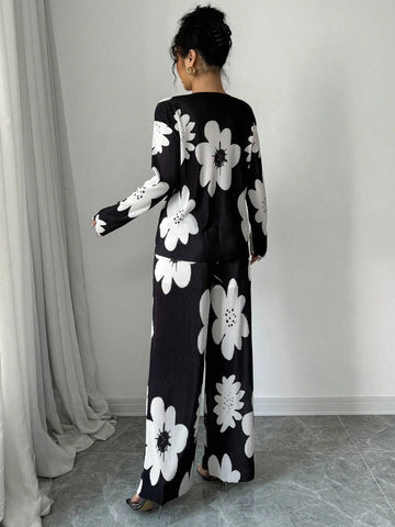 2pcs/Set Women Casual Floral Print Long Sleeve Top And Pants Suit, Autumn