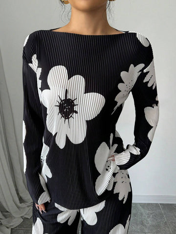 2pcs/Set Women Casual Floral Print Long Sleeve Top And Pants Suit, Autumn