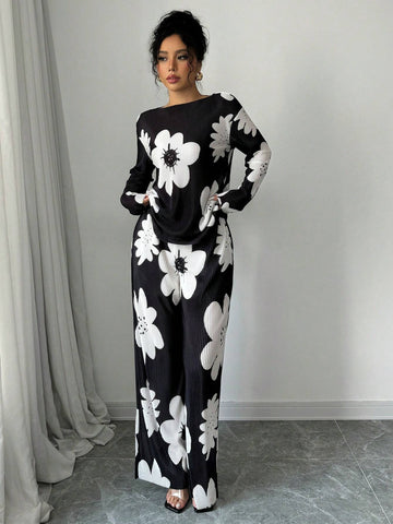 2pcs/Set Women Casual Floral Print Long Sleeve Top And Pants Suit, Autumn