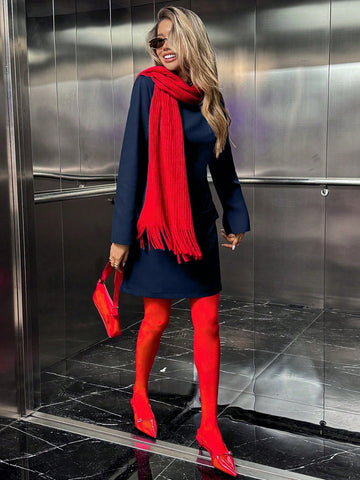 Casual Solid Color Stand Collar Long Sleeve Cinched Waist Short Dress