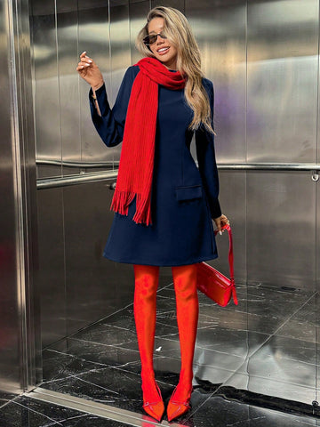 Casual Solid Color Stand Collar Long Sleeve Cinched Waist Short Dress