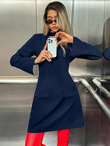 Casual Solid Color Stand Collar Long Sleeve Cinched Waist Short Dress