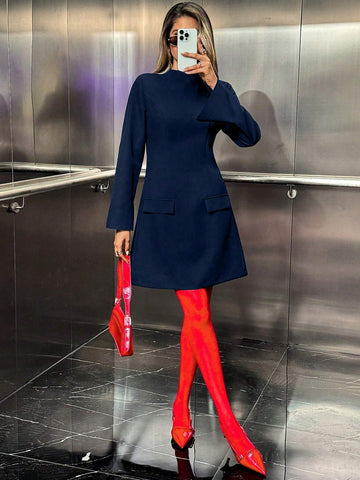 Casual Solid Color Stand Collar Long Sleeve Cinched Waist Short Dress
