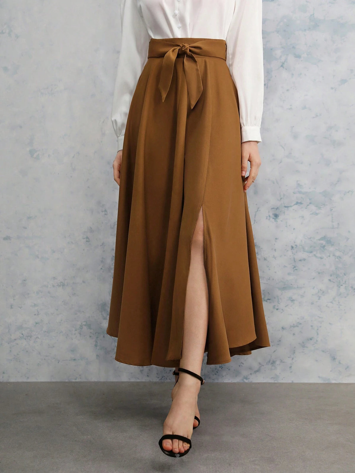 Relaxiva High Waist Split Thigh Belted Skirt Maxi Women Outfit