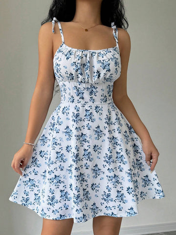 Ladies' Spaghetti Strap Tie-Back Floral Print Pleated Cami Dress