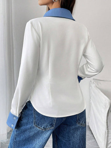 Women Casual Denim Effect Contrast Color Collar Splice Long Sleeve Blouse,