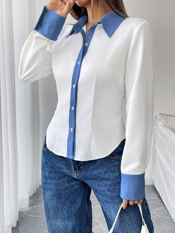 Women Casual Denim Effect Contrast Color Collar Splice Long Sleeve Blouse,