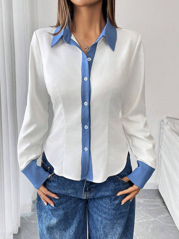 Women Casual Denim Effect Contrast Color Collar Splice Long Sleeve Blouse,