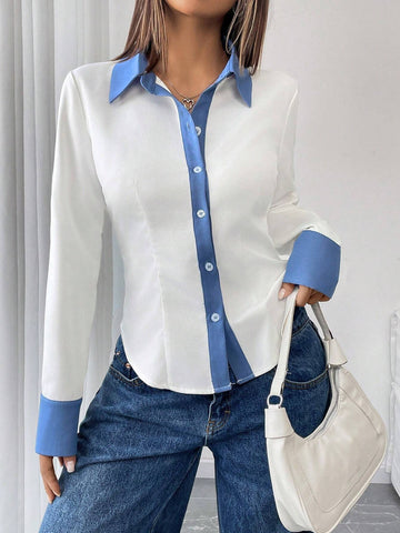 Women Casual Denim Effect Contrast Color Collar Splice Long Sleeve Blouse,