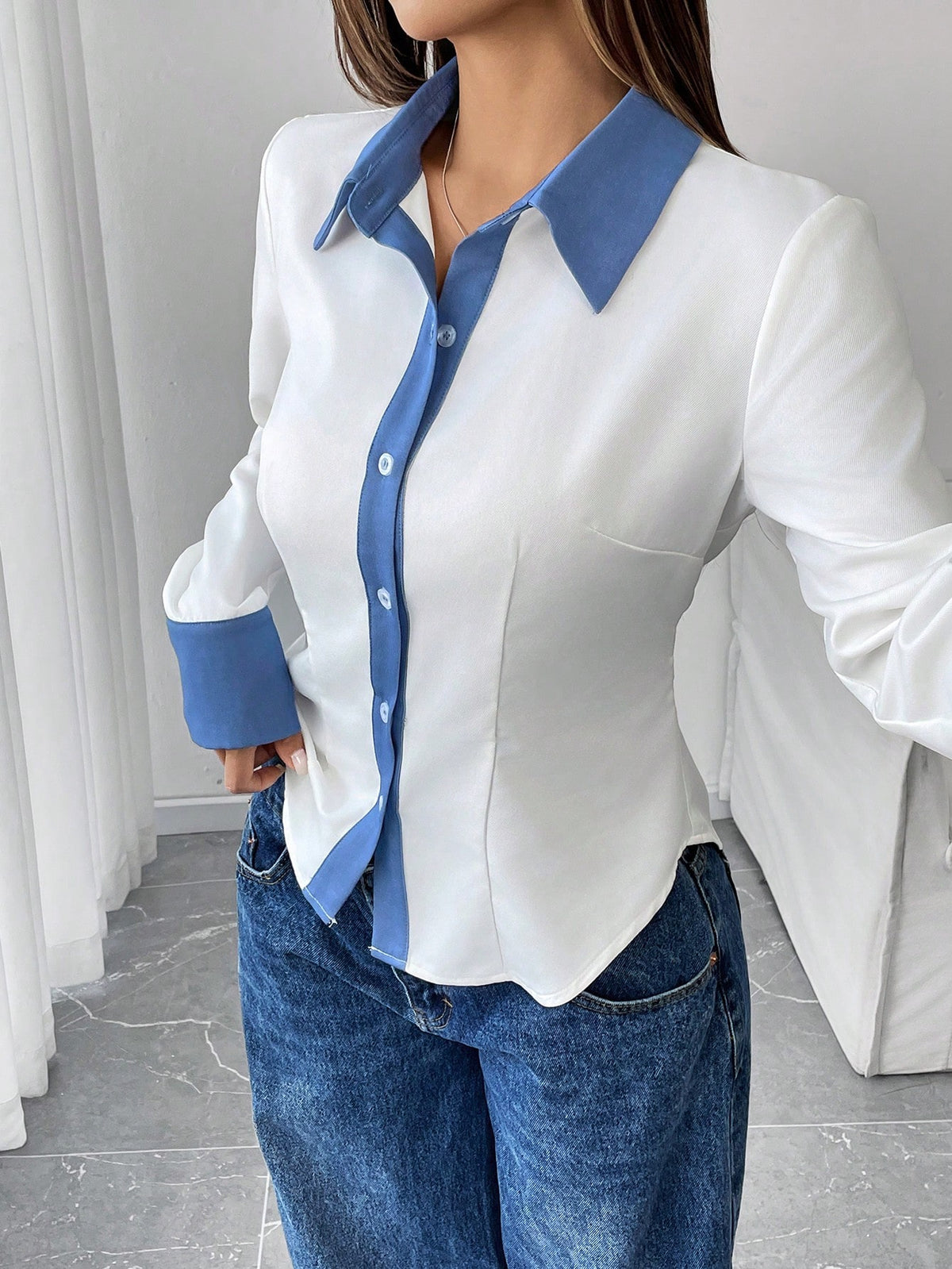 Women Casual Denim Effect Contrast Color Collar Splice Long Sleeve Blouse,