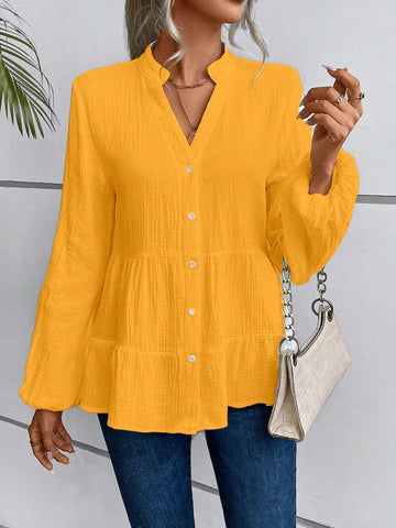 Women Casual Solid Color Notched Neck Lantern Sleeve Tiered Hem Shirt