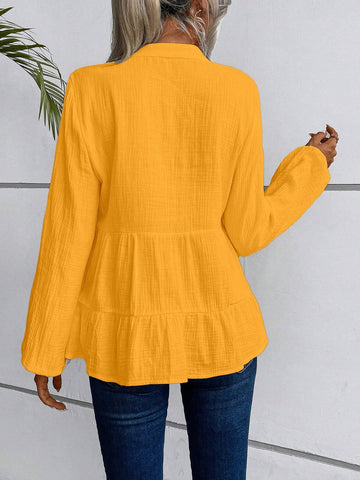 Women Casual Solid Color Notched Neck Lantern Sleeve Tiered Hem Shirt