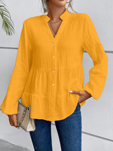 Women Casual Solid Color Notched Neck Lantern Sleeve Tiered Hem Shirt