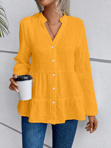 Women Casual Solid Color Notched Neck Lantern Sleeve Tiered Hem Shirt