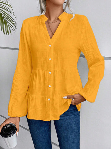 Women Casual Solid Color Notched Neck Lantern Sleeve Tiered Hem Shirt