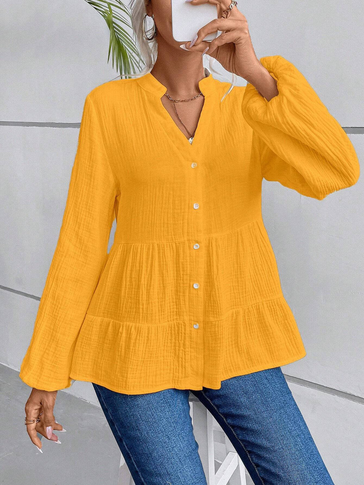 Women Casual Solid Color Notched Neck Lantern Sleeve Tiered Hem Shirt
