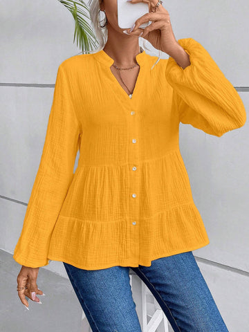 Women Casual Solid Color Notched Neck Lantern Sleeve Tiered Hem Shirt