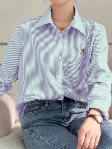 Relaxiva Women's Autumn Long Sleeve Single-Breasted Embroidered Striped Shirt