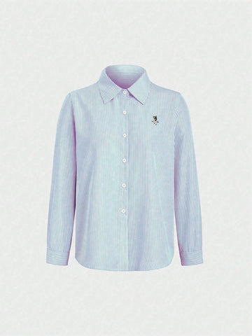 Relaxiva Women's Autumn Long Sleeve Single-Breasted Embroidered Striped Shirt