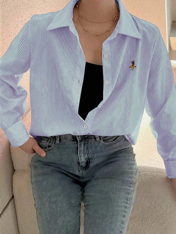 Relaxiva Women's Autumn Long Sleeve Single-Breasted Embroidered Striped Shirt