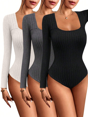 Women's Casual Crew Neck Ribbed Long Sleeve Bodysuit, Autumn/Winter