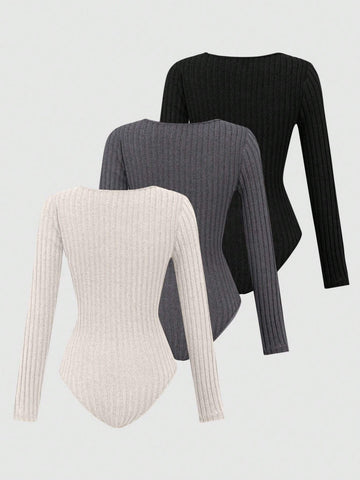 Women's Casual Crew Neck Ribbed Long Sleeve Bodysuit, Autumn/Winter