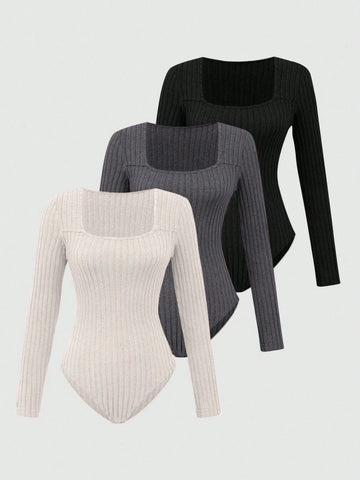 Women's Casual Crew Neck Ribbed Long Sleeve Bodysuit, Autumn/Winter