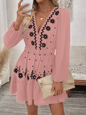 Women's Floral Print V-Neck Lantern Sleeve Short Elegant Dress