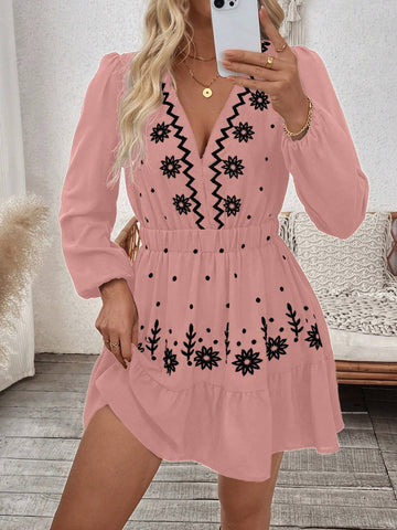Women's Floral Print V-Neck Lantern Sleeve Short Elegant Dress