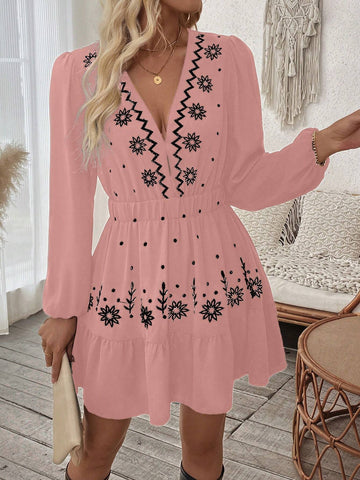 Women's Floral Print V-Neck Lantern Sleeve Short Elegant Dress