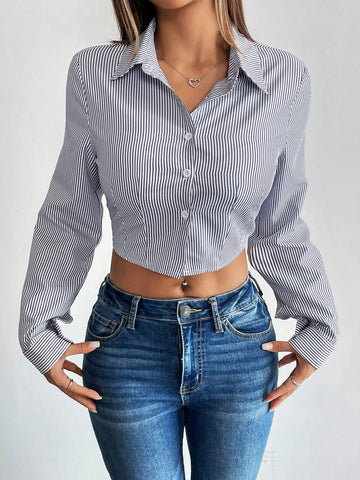 Relaxiva Women's Short Striped Long Sleeve Cinched Waist Cardigan Shirt