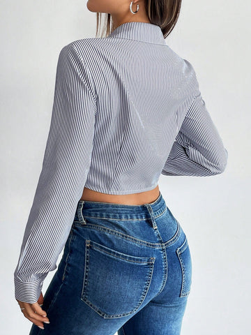 Relaxiva Women's Short Striped Long Sleeve Cinched Waist Cardigan Shirt