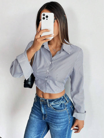 Relaxiva Women's Short Striped Long Sleeve Cinched Waist Cardigan Shirt