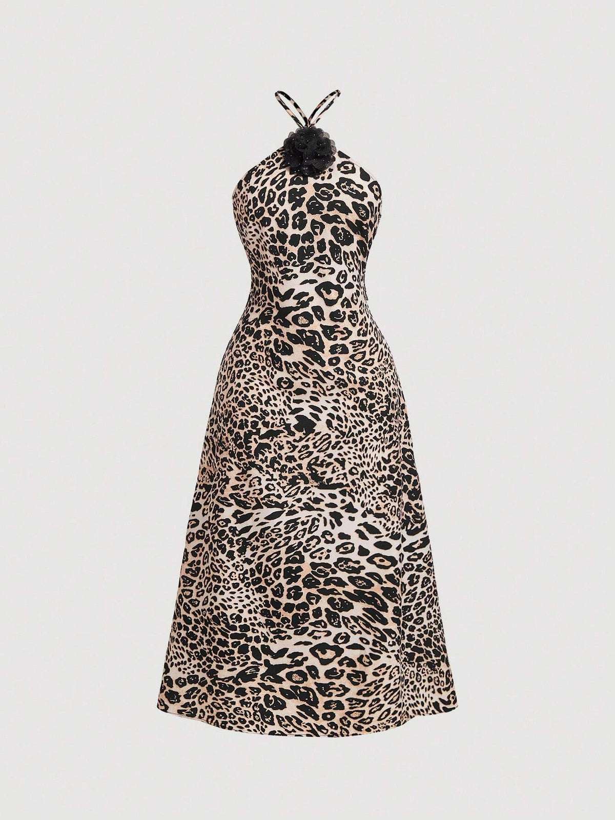 1pc 3D Floral Print Backless Leopard Pattern Dress