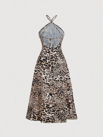 1pc 3D Floral Print Backless Leopard Pattern Dress