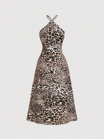 1pc 3D Floral Print Backless Leopard Pattern Dress