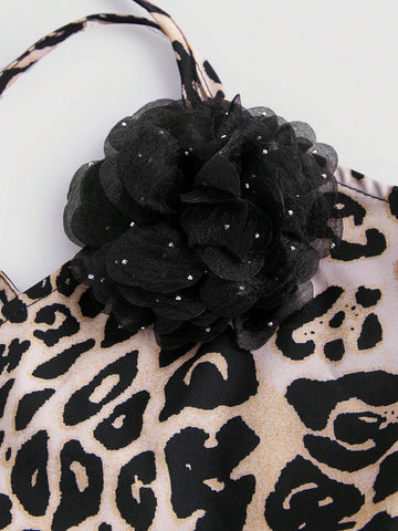 1pc 3D Floral Print Backless Leopard Pattern Dress