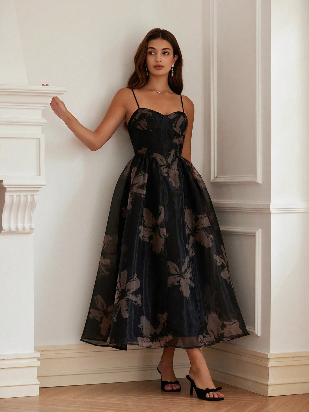 1pc Women Romantic Floral Decor Waist Slimming Elegant Organza Fabric Dress With Tulip Hem,