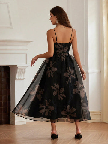1pc Women Romantic Floral Decor Waist Slimming Elegant Organza Fabric Dress With Tulip Hem,