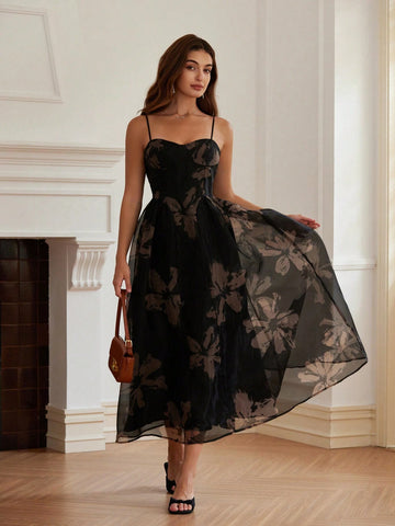 1pc Women Romantic Floral Decor Waist Slimming Elegant Organza Fabric Dress With Tulip Hem,
