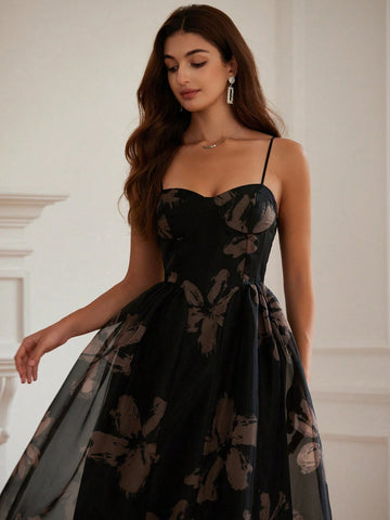 1pc Women Romantic Floral Decor Waist Slimming Elegant Organza Fabric Dress With Tulip Hem,