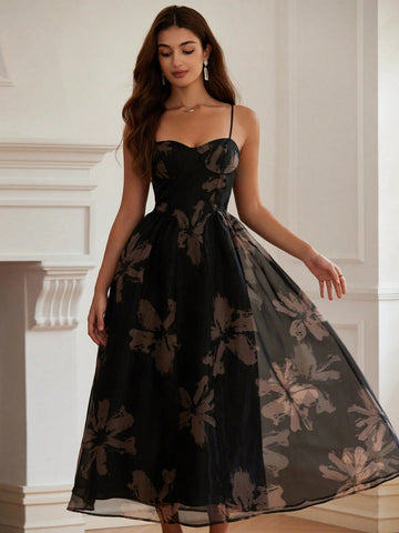 1pc Women Romantic Floral Decor Waist Slimming Elegant Organza Fabric Dress With Tulip Hem,