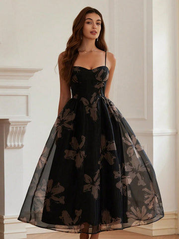 1pc Women Romantic Floral Decor Waist Slimming Elegant Organza Fabric Dress With Tulip Hem,