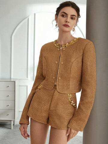 2pcs Women Elegant Sequin Embroidery Wool Blend Cropped Jacket & Shorts Suit, Autumn/Winter