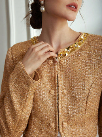 2pcs Women Elegant Sequin Embroidery Wool Blend Cropped Jacket & Shorts Suit, Autumn/Winter